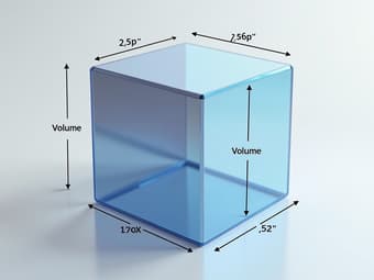 3D model of a prism with dimensions labeled and volume formula visible