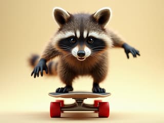 Action studio shot of a raccoon riding a skateboard, motion blur, bright background