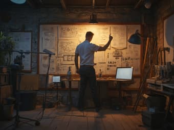 Ambitious man with a vision board in a studio setting, aspirational lighting