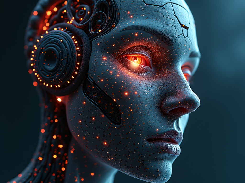 Artistic representation of ethical dilemmas in the future, such as AI and biotechnology