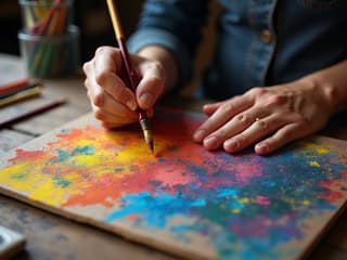 Artistic studio shot of hands creating colorful artwork, close-up on creative process