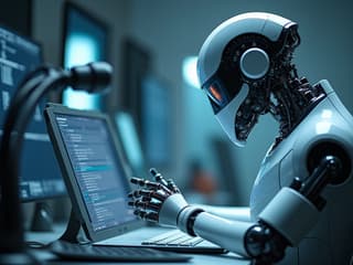 Automation specialist configuring robotic process, high-tech environment, studio quality photograph