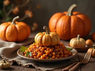 Autumn-inspired dishes with pumpkin, warm color palette, rustic wooden table setting