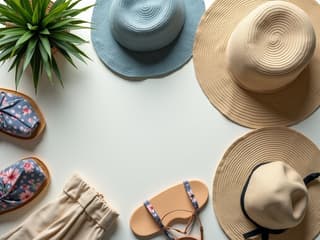 Beach vacation packing essentials, resort wear, travel flatlay