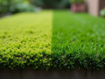 Before and after comparison of a lawn with moss and without, close-up studio shot