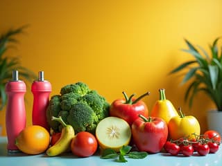 Bright studio shot of fresh fruits, vegetables, and exercise equipment, vibrant colors