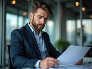 Business expert reviewing financial documents, corporate setting, professional headshot