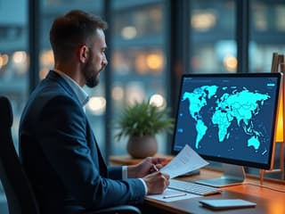 Business strategist analyzing global market trends, modern office, studio quality photograph