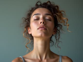 Calming studio portrait of a person practicing deep breathing, serene expression