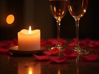 Candlelit dinner for two, rose petals scattered on the table, intimate setting