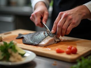 Chef's hands expertly filleting fish, close-up shot, professional kitchen setting