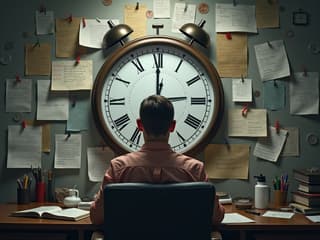 Clock surrounded by unfinished tasks, person looking overwhelmed, studio shot