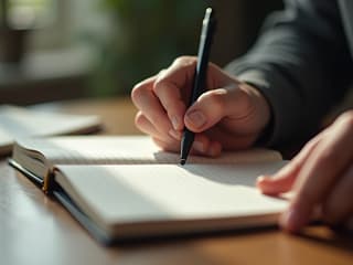 Close-up studio photograph of hands writing in a notebook, soft focus, natural lighting