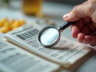 Close-up studio photography of food label being examined, magnifying glass, clean background
