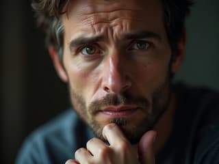 Close-up studio portrait of a thoughtful man with a concerned expression, soft focus