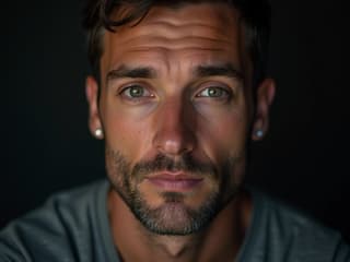 Close-up studio portrait of an attentive man with a compassionate expression, soft lighting
