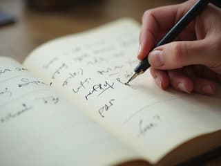 Close-up studio shot of a hand writing in a symptom journal