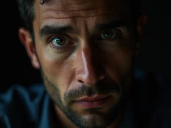 Close-up studio shot of a man's intense gaze, dramatic lighting
