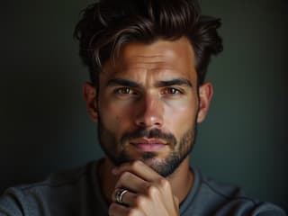 Close-up studio shot of a man with a thoughtful expression, soft focus background