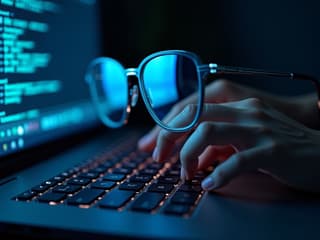 Close-up studio shot of hands typing on a keyboard with code reflected in glasses, blue lighting