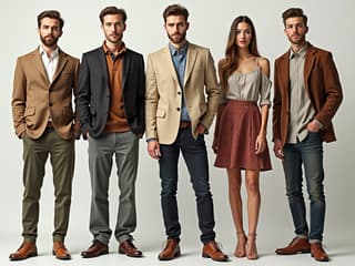 Collage of people in various dress codes, from casual to formal, studio fashion photography