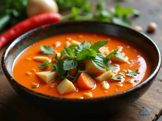 Colorful Thai curry dish with fresh ingredients, styled food photography, vibrant colors