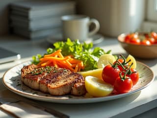 Colorful studio photograph of a balanced meal on a plate, nutritionist's desk setting