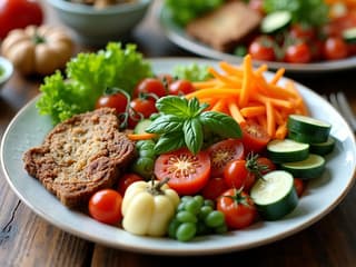 Colorful vegetarian plate with variety of vegetables and proteins, bright natural lighting