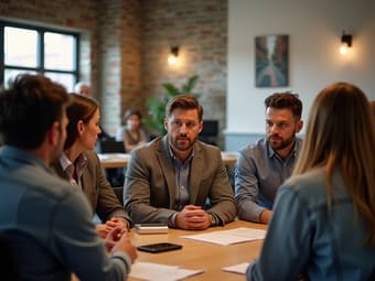 Community meeting in local business, diverse group discussing ideas
