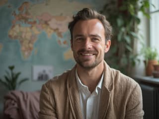 Compassionate man in a calming studio setting with mental health awareness symbols