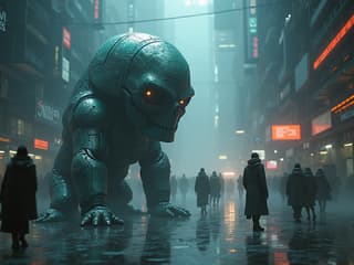 Conceptual image of an AI-controlled world, with humans as subservient