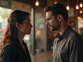 Concerned person looking at a partner making a large purchase, with a worried expression