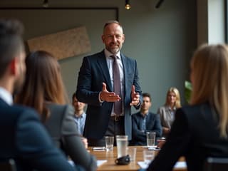 Confident leader presenting to a team in a meeting room, professional attire, studio lighting