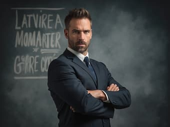 Confident man in a power pose, studio setting with motivational backdrop