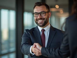 Confident person in business attire shaking hands, office background, professional studio portrait