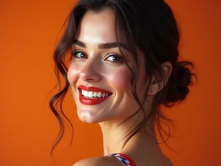 Confident woman winking at camera, studio portrait, vibrant colors