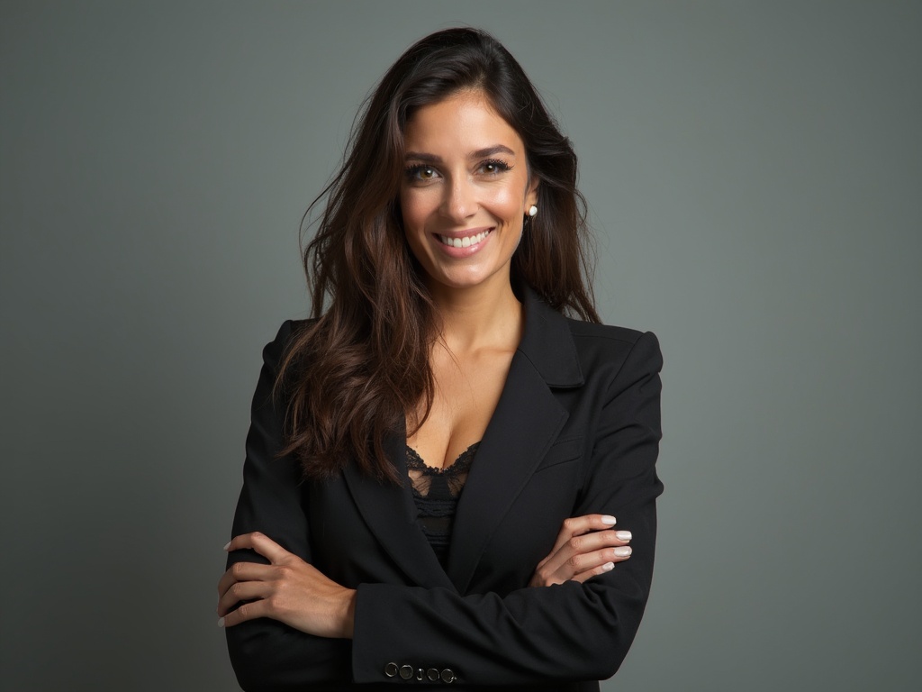 Confident woman with strong posture and self-assured expression, professional studio lighting