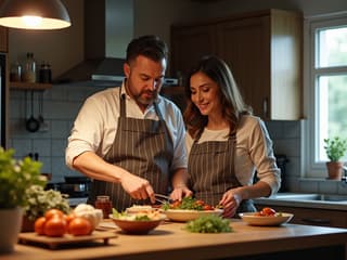 Couple cooking a meal together in the kitchen