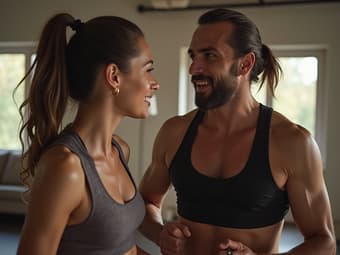 Couple doing home workout together, trainer encouraging partnership