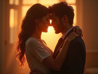Couple embracing and smiling, surrounded by a soft, glowing light
