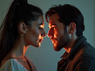 Couple engaged in two different activities side by side, studio shot, split lighting