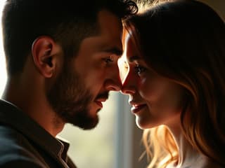 Couple gazing into each other's eyes, intimate studio portrait, soft focus