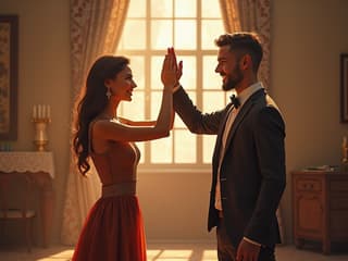 Couple high-fiving, celebrating a success together