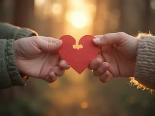 Couple holding a heart-shaped puzzle piece, symbolic background
