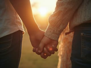 Couple holding hands, close-up shot, soft focus