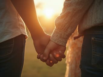 Couple holding hands, close-up shot, soft focus