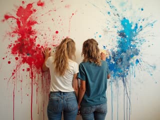 Couple painting together on a large canvas, colorful splatters around