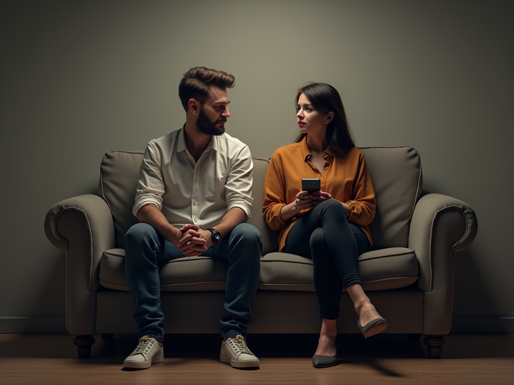 Couple sitting apart on a couch, man distracted by phone, studio setting