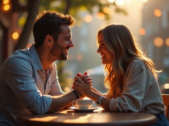 Couple sitting at a cafe table, laughing and holding hands, soft focus background