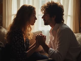 Couple sitting face to face, holding hands, serious expressions